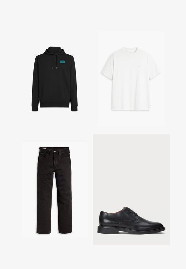 Mustar musta kapuutsiga, mis on valmistatud puuvilla segust, esiosa tasku, reguleeritav kapuuts ja türkiissinine logo silt vasakul rinnal.; Valge puuvillane T-särk lühikeste varrukatega, ümmarguse kaelusega ja esiküljel heledas toonis peen "Levi's" logo.; Mustad sirgedega teksapüksid viie taskuga, nööpidega kinnitamine ja vöökohaga, lamab tasasele valgele taustale.; Must musta kleitjalats ümarate varvastega, paeltega disain ja madal virnastatud konts. Sile tekstuur minimaalsete õmblustega.