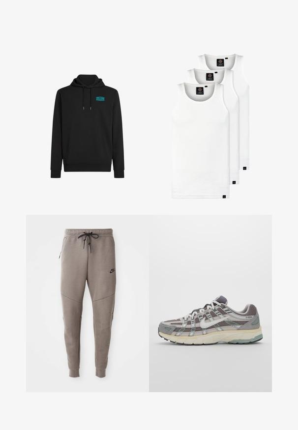 Mustat hupparit, jotka on valmistettu puuvillasekoitteesta, sisältävät etutaskun, nyörikiinnitteisen hupun ja turkoosin logopatchin vasemmassa ylärinnassa.; Kolme valkoista ribbitekstiilistä toppia, jotka on valmistettu puuvillasta. Ominaisuuksiin kuuluu pyöreä pääntie ja pieni musta etiketti helman lähellä. Saatavilla useissa kooissa.; Harmaat Nike-juoksuhousut, joissa on kiristysnyöri vyötäröllä, kapeat lahkeet, sivutaskut ja erottuva sauman yksityiskohtaisuus. Pehmeä, tekstuuri kangas.; Harmaa urheilukenkä, jossa on verkko- ja mokkanahkainen yläosa, valkoiset yksityiskohdat, pehmustettu pohja ja erottuva muotoilu heijastavilla elementeillä.