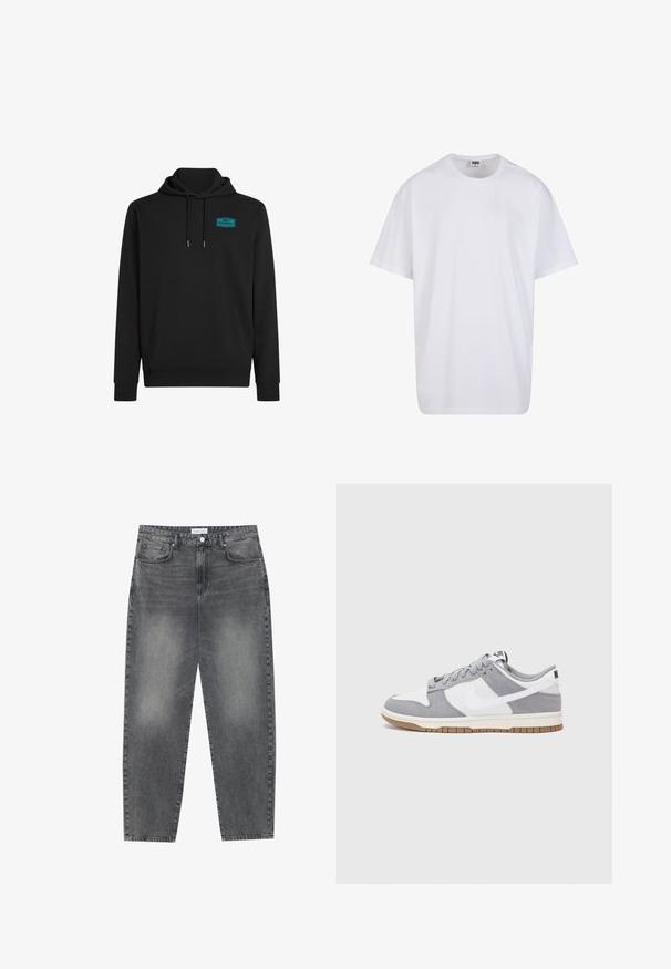 Črna kapuca izdelana iz mešanice bombaža, z sprednjim žepom, kapuco z vrvico in turkizno logotipno nalepko na zgornjem levem prsnem delu.; Bela bombažna majica s kratkimi rokavi, okroglim izrezom, sproščenim krojem in brez vidnih logotipov ali vzorcev. Gladka tekstura in minimalen dizajn.; Visoko pasovi, široke kavbojke iz obledelog črnega denima. Imajo pet žepov, zanke za pas in čisto, ravno obliko nog. ; Sive in bele teniske s suknim in usnjem zgornjim delom, zaobljenim nosom, ravnimi vezalkami in gumijastim podplatom z dodatkom gumijaste barve.