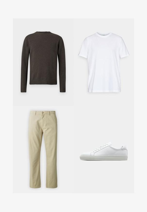 Tumši pelēks adīts džemperis, apaļa kakla izgriezums, garas piedurknes, ribota aproces un apakšmalas. Gluda tekstūra, vidēja biezuma un minimālisma dizains.; Balta kokvilnas T-krekls ar īsām piedurknēm, apaļu kakla izgriezumu un brīvu piegriezumu. Iezīmē minimālisma dizainu, bez rakstiem vai akcentiem.; Beidzīgo kokvilnas bikses ar taisnu kāju piegriezumu, priekšējo pogu aizdari un jostas cilpām. Gluda tekstūra, nav redzamu rakstu vai akcentu.; Baltie sporta apavi ar gludu ādas virsu un zemu profilu. Iezīmējas ar noapaļotu purngalu, sešām acīm un teksturētu gumijas zoli.