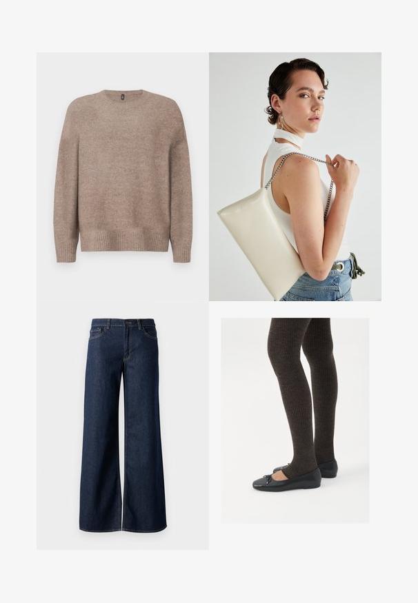 Šviesiai rudos megztinis su apvalia iškirpte, ilgomis rankovėmis, banguotu apvadu ir rankogaliais, turintis švelnų, tekstūruotą paviršių.; Plati kojinės džinsai tamsiai mėlynos džinsinės medžiagos. Yra kontrastingas siuvimo ornamentas, penkios kišenės ir užsegimas mygtuku juosmenyje. Lygus paviršius.; Juodos plokščios bateliai su maža kaspinėlio detale prie pirštų, derinami su tamsiai rudos spalvos raukšlėtomis pėdkelnėmis. Bateliai turi lygų paviršių ir žemą profilį.; Balta, stačiakampio formos rankinė pagaminta iš blizgaus medžiagos, su sidabriniu virvute. Modelis pozavo, demonstruodamas rankinę prieš paprastą foną.