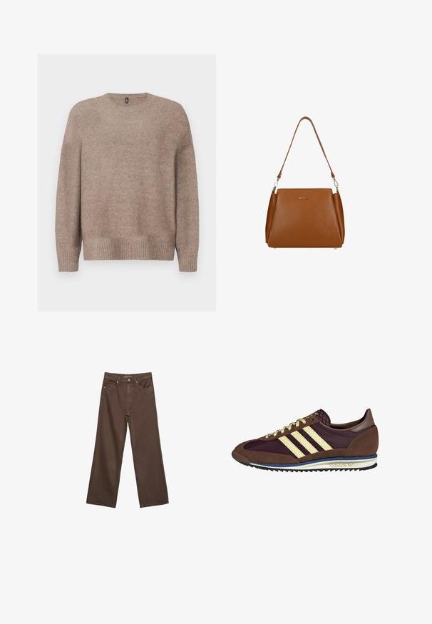 Beiger Strickpullover mit rundem Halsausschnitt, langen Ärmeln, geripptem Saum und Bündchen, mit einer weichen, strukturierten Oberfläche.; Weite braune Jeans aus Denim, mit hoher Taille, Fronttaschen und klassischem Knopfverschluss. Glatte Textur mit feinen Nähten.; Braune und burgunderfarbene Sneaker aus Wildleder und Mesh-Materialien, mit drei cremefarbenen Streifen, strukturiertem Stoff an der Zunge und einer Gummisohle.; Braune Ledertasche mit strukturierter Oberfläche, einem einzelnen Schulterriemen und einem dezenten Logo auf der Vorderseite. Verfügt über ein strukturiertes Design.