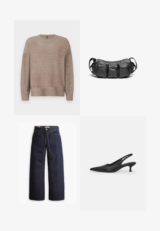 Béžový pletený sveter s okrúhlym výstrihom, dlhými rukávmi, rebrovaným lemom a manžetami, so soft, textúrovaným povrchom.; Široké tmavomodré denimové džínsy s vysokým pásom, so šnúrkou na sťahovanie, piatimi vreckami a kontrastným prešívaním.; Čierne kožené sandále s úzkym špičatým prstom a štíhlym zakriveným podpätkom. Majú diskrétny nastaviteľný popruh s kovovou sponou.; Čierna kožená crossbody taška s textúrovaným povrchom. Obsahuje tri vonkajšie vrecká a nastaviteľný popruh. Kompaktný, zaoblený tvar.