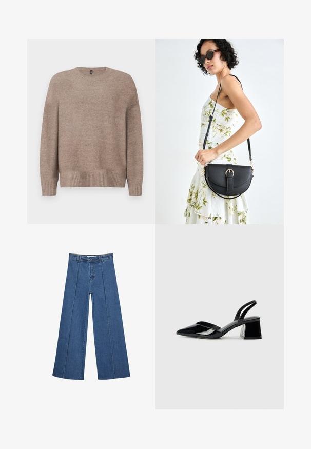 Béžový pletený sveter s okrúhlym výstrihom, dlhými rukávmi, rebrovaným lemom a manžetami, so soft, textúrovaným povrchom.; Rovné džínsy s širokými nohavicami v strednom modrom odtieni, so zvýšeným pásom, zapínaním na gombík a kontrastnými vertikálnymi švami pozdĺž prednej strany.; Čierne lakované kožené sandálové podpätky s špicatou špičkou a geometrickým blokovým podpätkom. Disponujú elegantným, minimalistickým dizajnom a hladkým povrchom.; Čierna kožená kabelka s zaobleným tvarom, odnímateľným popruhom a zlatými doplnkami. Kabelka má klopu s detailom s prackou.