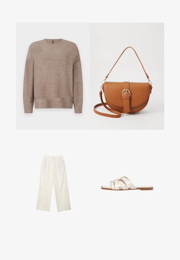 Maglione beige lavorato a maglia con scollo rotondo, maniche lunghe, orlo e polsini a coste, caratterizzato da una finitura morbida e texturizzata.; Pantaloni a gamba larga in tessuto crema con una texture liscia, caratterizzati da un singolo bottone frontale, pieghe sottili e un design a vita alta.; Infradito con suola in gomma color talpa, progettate con tre cinturini in pelle bianca sovrapposti e un piccolo dettaglio a fiocco al centro.; Borsa a tracolla in pelle marrone con forma curvata, hardware dorato e un dettaglio con fibbia. Presenta una tracolla rimovibile.