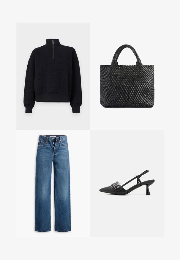 Černá mikina s vysokým límcem, čtvrtinovým zipem, texturovaným květinovým vzorem, spuštěnými rameny a pružnými manžetami.; Modré džíny z denimu s širokými nohavicemi, pěti kapsami, zapínáním na knoflík a kontrastním prošíváním. Texturovaná látka s vybledlým povrchem.; Simmi London DALA - Klasické lodičky - black; Černá tkaná taška přes rameno s dvěma držadly, která má texturovaný povrch a obdélníkový tvar. Jednoduchý, jedinečný design bez viditelného kovového příslušenství.