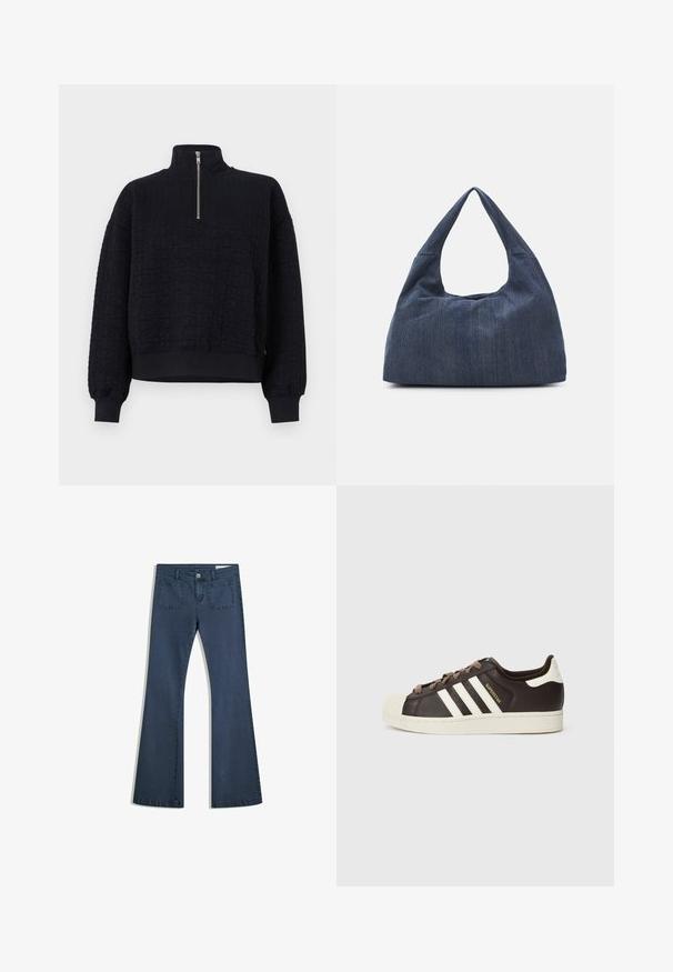 Fekete pulóver kapucnival, negyed cipzárral, textúrált virágmintával, lejjebb lógó vállakkal és bordázott mandzsettákkal.; Sötétkék, bőszárú farmernadrág, varrott zsebekkel, gombos záródással és sima felülettel. Klasszikus ötpocket dizájnnal rendelkezik.; Sötétbarna bőr alacsony szárú Adidas Superstar sportcipő krémszínű kagyló orral, fehér csíkokkal és "Superstar" felirattal az oldalon.; Sötétkék farmer táska puha, laza formával, hobo-stílusú fogantyúval és textúrált felülettel. Látható fémrész nélküli.