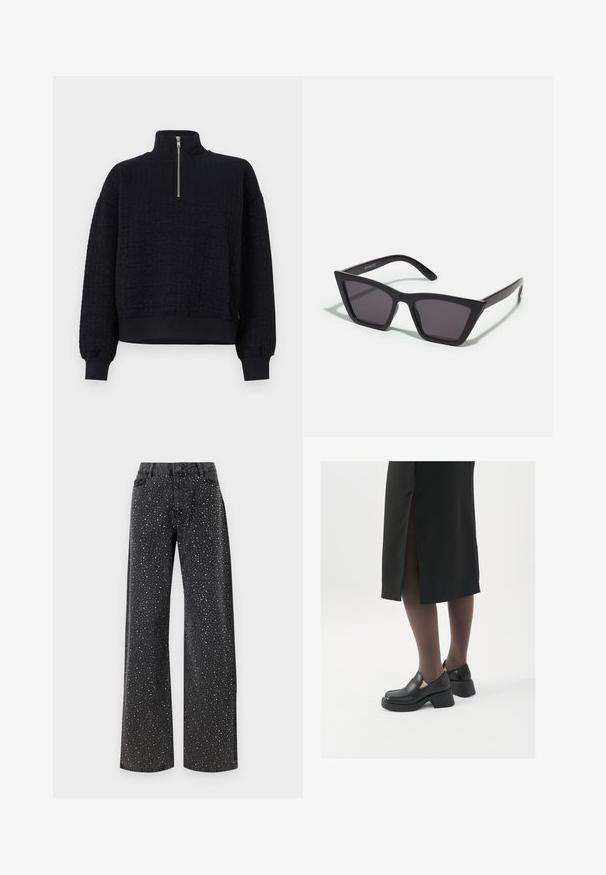 Black pullover sweatshirt with a high collar, quarter zip, textured floral pattern, dropped shoulders, and ribbed cuffs.; Noisy May NMJANNEL LOOSE - Relaxed fit jeans - black denim; Black leather shoes with a rounded toe, thick block heel, and elastic side accents, paired with dark tights and a black skirt with a slit.; Black, angular sunglasses with gray lenses; made of plastic, featuring thick arms with a smooth surface and no visible hardware.