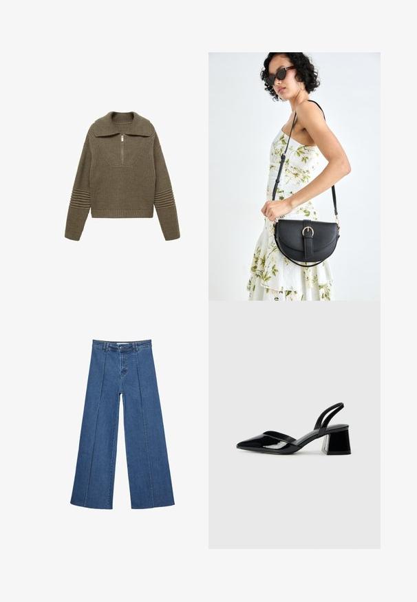 Strickpullover in olivgrün mit breitem Kragen, Halb-Reißverschluss vorne und gerippten Details an den Ärmeln und am Saum. Texturiertes Material mit taillierter Silhouette.; Weite Jeans aus Denim in Mittelblau, mit hoher Taille, Knopfverschluss und kontrastierenden vertikalen Nahtdetails an der Vorderseite.; Schwarze Lackleder-Slingback-High Heels mit spitzem Schuh und einem geometrischen Blockabsatz. Verfügt über ein schlankes, minimalistisches Design und eine glatte Textur.; Schwarze Lederhandtasche mit geschwungener Form, abnehmbarem Tragegurt und goldenen Beschlägen. Die Tasche verfügt über einen Deckel mit einer Schnallen-Details.