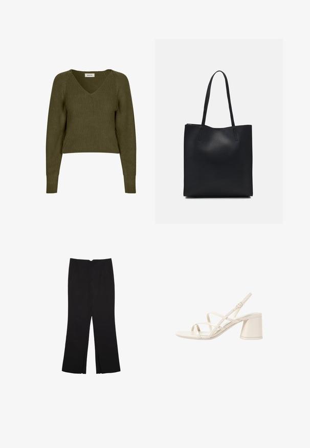 Pull en tricot olive, court, à col en V et manches longues. Présente une texture côtelée et des fentes sur les côtés pour un ajustement décontracté.; Pantalon noir avec une coupe droite, doté de poches avant et d'éclairs sur l'ourlet. Fabriqué en tissu doux et lisse. Convient à diverses occasions.; Sandales à talons beiges avec des fines brides entrecroisées, bout ouvert et un talon carré. Fini en vernis lisse, bride de cheville réglable.; Sac fourre-tout en cuir noir avec une texture lisse, de forme rectangulaire et deux longues poignées. Pas de matériel ou d'ornementations visibles.