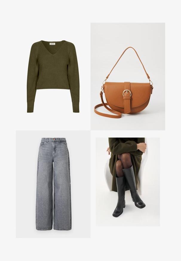 Olivengrüner, kurzer Strickpullover mit V-Ausschnitt und langen Ärmeln. Besitzt eine Rippstruktur und seitliche Schlitze für einen lässigen Sitz.; Weite Denim-Jeans in einer ausgewaschenen grauen Waschung, mit fünf Taschen, einem Knopfverschluss und einer weichen Textur mit dezenten Wischdetails.; Knöchelhöhe schwarze Lederstiefel mit quadrater Spitze und Blockabsatz, gezeigt mit einem Modell, das einen olivgrünen Mantel trägt. Glatte Textur, minimale Details.; Braune Leder-Crossbody-Tasche mit geschwungener Form, goldfarbenen Beschlägen und einer Schnallenakzentuierung. Verfügt über einen abnehmbaren Schultergurt.