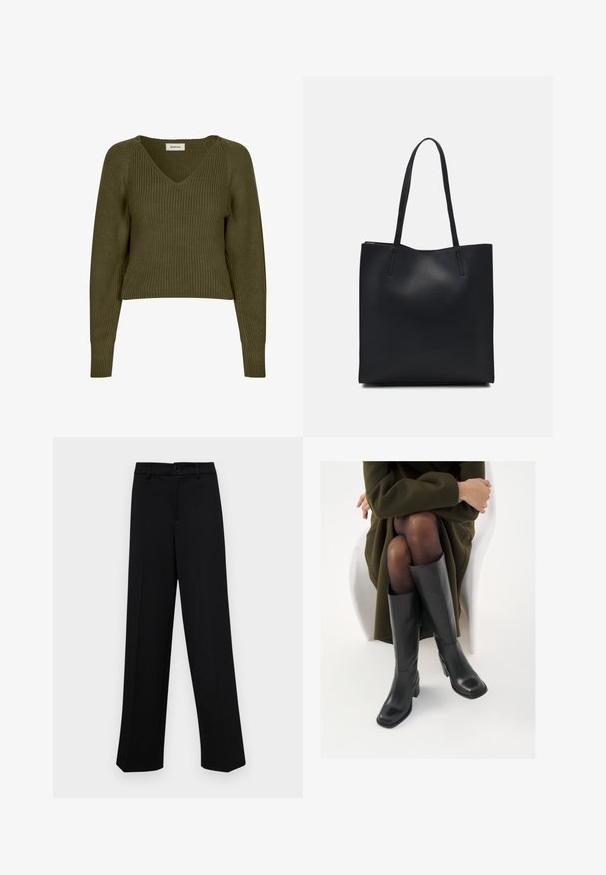 Oliivroheline, lühendatud kudumissweater, millel on V-kaelus ja pikad varrukad. Omab ribakujundust ja külgmisi lõhiku, et pakkuda mugavat istuvust.; Musta laiad püksid siledast kangast, millel on klassikaline vöökoht, nööbiga sulgemine ja ees voldid.; Knee-high mustad nahast saapad nelinurkse varbaga ja plokilise kontsaga, esitatud mudeli kõrval, kes istub oliivirohelises mantlis. Sujuv tekstuur, minimaalne detailide arv.; Mustast nahast kott sujuva tekstuuriga, ristkülikukujuline ja kahe pika sangaga. Pole nähtavat riistvara ega kaunistusi.