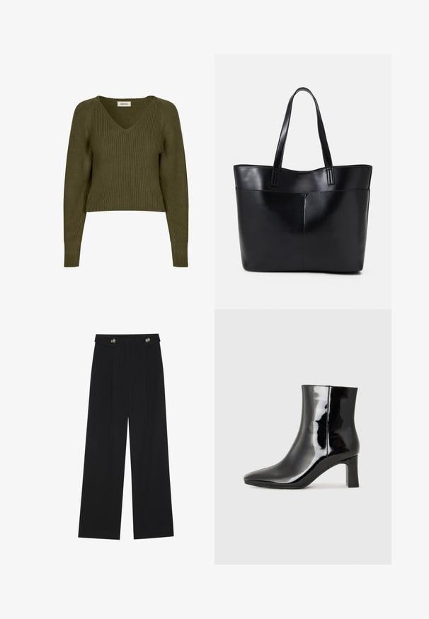 Olijf groene, cropped gebreide trui met een v-hals en lange mouwen. Heeft een geribbelde textuur en zijsplitten voor een ontspannen pasvorm.; Zwarte wijde broek met hoge taille, knoopdetails op de tailleband en plooien aan de voorkant.; Zwarte gepolijste leren enkellaars met een spitse neus en een blokhak van gemiddelde hoogte. Glad textuur en minimalistisch ontwerp.; Zwarte leren tote bag met twee lange handvatten, een zachte textuur en een gestructureerde vorm. Voorzien van een voorvak voor extra opslagruimte.