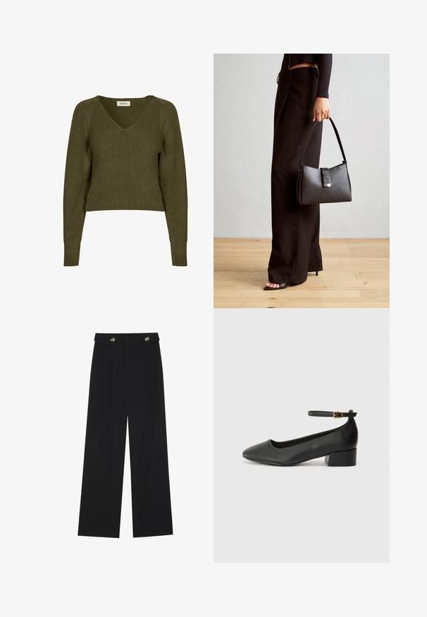 Olivově zelený, zkrácený pletený svetr s výstřihem do V a dlouhými rukávy. Má žebrovanou texturu a boční rozparky pro uvolněný střih.; Černé široké kalhoty s vysokým pasem, detailní knoflíky na pase a přední záhyby.; Černé kožené lodičky s špičatou špičkou a nízkým blokovým podpatkem. Obsahují pásek kolem kotníku se zlatou sponou. Hladký povrch.; Černá kabelka se strukturovaným tvarem, hladkým povrchem a kovovým uzávěrem. Kombinována s širokými černými kalhotami a sandály s otevřenou špičkou na dřevěné podlaze.