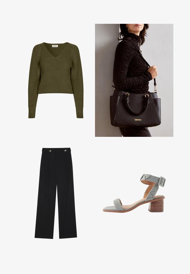 Oliivroheline, lühendatud kudumissweater, millel on V-kaelus ja pikad varrukad. Omab ribakujundust ja külgmisi lõhiku, et pakkuda mugavat istuvust.; Mustad laiad püksid kõrge vöökoha ja nööpdetailidega vööandil, esikortsudega.; Next FOREVER COMFORTREGULAR FIT - Sandaalid - blue; Musthave must kott, millel on tekstuurne pind, kaks ülemist käepidet ja reguleeritav õlarihm. Omab kuldse tooni riistu ja külgtaskuid.