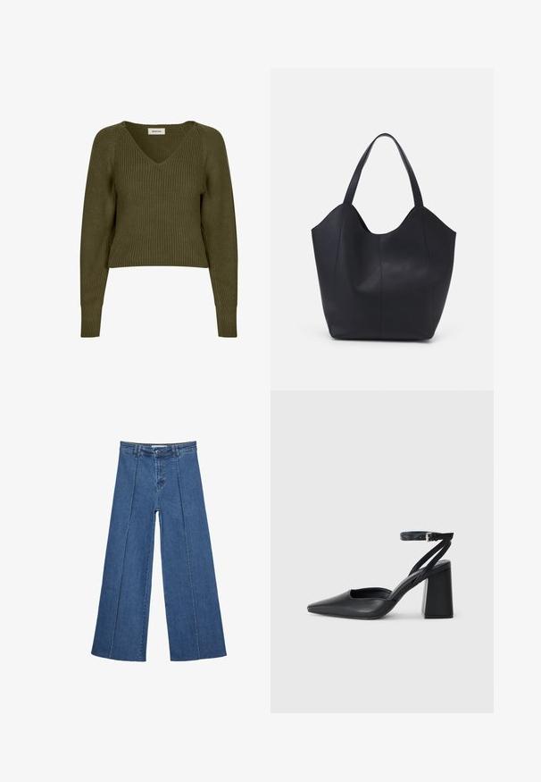 Oliwkowy, krótki sweter dziergany z dekoltem w serek i długimi rękawami. Posiada prążkowaną strukturę oraz rozcięcia po bokach dla luźnego dopasowania.; Jeans typu wide-leg w średnim niebieskim kolorze, z wysokim stanem, zapięciem na guziki oraz kontrastowymi szwami pionowymi z przodu.; Czarne skórzane czółenka z ostrym noskiem, z paskiem na kostce i grubym obcasem. Gładka faktura, elegancki design i minimalistyczna estetyka.; Czarna torba na ramię wykonana z gładkiej skóry, z zaokrąglonym, otwartym topem i dwoma paskami na ramię oraz minimalistycznym designem.