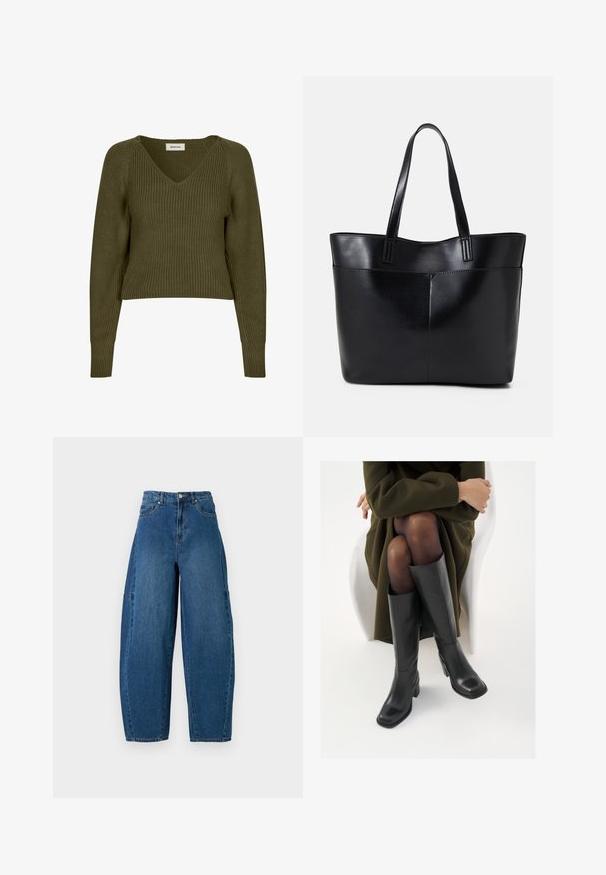Maslinasto zeleni, skraćeni pleteni pulover s V izrezom i dugim rukavima. Ima rebrastu teksturu i bočne provale za opušteni fit.; Traperice u srednjem plavom pranju, s visokim strukom, širokim nogavicama i standardnim dizajnom s pet džepova, s vidljivim detaljima šivanja.; Čizme od crne kože do koljena sa četvrtastim vrhom i blok petom, prikazane s manekenkom koja sjedi u maslinasto zelenom kaputu. Glatka tekstura, minimalni detalji.; Crna kožna torba s dugim ručkama, glatkom teksturom i strukturiranim oblikom. Ima prednju džep za dodatno pohranu.