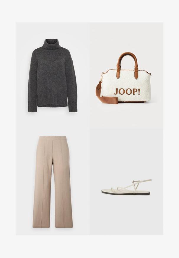 Szürke kötött garbó pulóver bordás textúrával, hosszú ujjakkal és laza fazonnal. Az anyag puhanak és dúsnak tűnik. Az alsó szegély egyenes.; Beige széles szárú nadrág könnyű anyagból, elülső plissékkel, sima derékkal és egyenes vonalú, tiszta szegéllyel.; Beige lapos szandál, amelyet több vékony pánt díszít, és állítható csattal rendelkezik. A talpa lapos, az élein enyhe sötét kontraszttal.; Fehér plüss táska barna bőrkiegészítőkkel és fogantyúkkal. A táskán barna "JOOP!" logó található. Leválasztható vállpántot is tartalmaz.