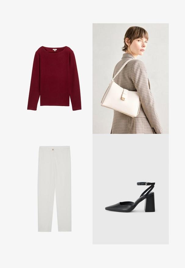 Pull en maille côtelée bordeaux à manches longues avec un décolleté large et un ourlet droit. Pas de quincaillerie ni de motifs visibles.; Pantalon blanc sur mesure avec une coupe droite, doté d'une fermeture à bouton, de passants de ceinture et de poches latérales ; texture de tissu lisse.; Escarpin noir en cuir à bout pointu avec une bride de cheville et un talon épais. Texture lisse, design élégant et esthétique minimaliste.; Sac à main en cuir blanc au design structuré, doté d'un fermoir magnétique et d'une bandoulière, présenté sur un fond neutre.