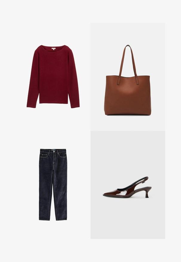 Maglione bordeaux a maniche lunghe in texture a coste con scollo ampio e orlo dritto. Senza hardware visibili o fantasie.; Jeans in denim scuro con taglio dritto, tasche anteriori, una piccola tasca per le monete e dettagli di cucitura a contrasto. Vita elastica per comfort.; Scarpa slingback in pelle verniciata marrone con punta affusolata e tacco moderato. Presenta una fascia con fibbia per una calzata sicura. Tessuto liscio.; Borsa tote in pelle marrone con texture liscia, design con apertura superiore e due spallacci. Presenta cuciture minime e nessun hardware visibile.