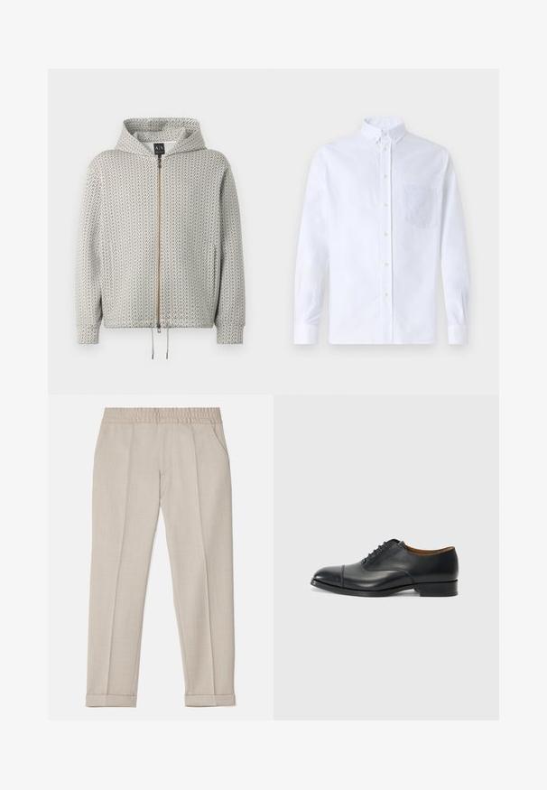 Giacca con cappuccio zip-up grigia chiara con un motivo geometrico grigio scuro. Presenta un orlo con coulisse e polsini a costine.; Camicia bianca a maniche lunghe con bottoni, realizzata in cotone, caratterizzata da una tasca sul petto con ricamo tonale, colletto e polsini con bottoni.; Filippa K TERRY CROPPED TROUSERS - Pantaloni - sage melange; Scarpa da donna nera in pelle con finitura liscia, punta arrotondata, cinque passanti per i lacci e tacco basso a blocco. Design minimalista con cuciture sottili.