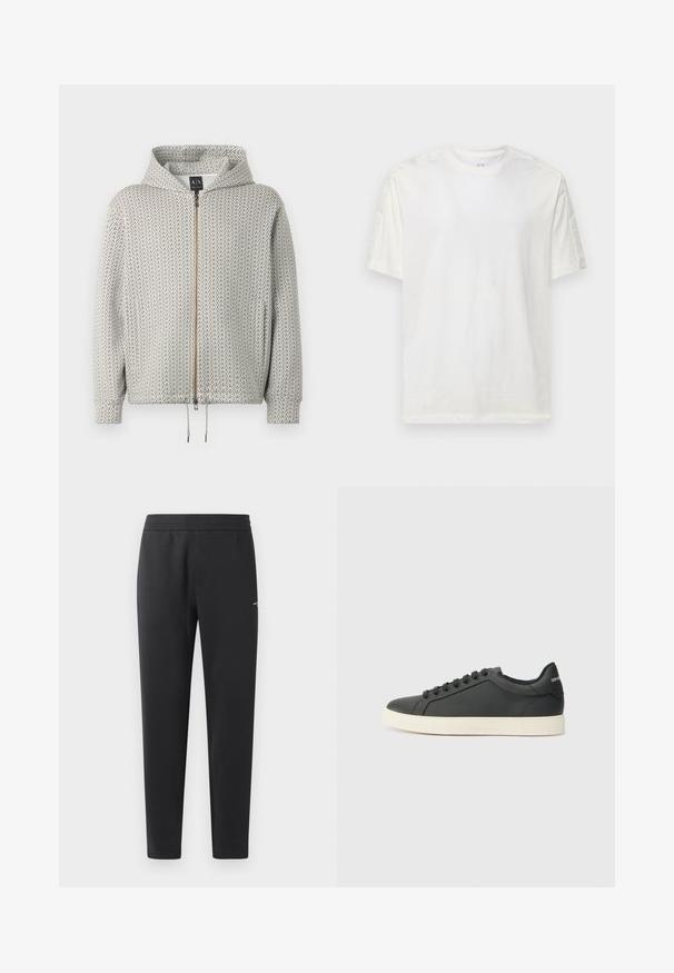 Hettejakke med glidelås i lys grå med et geometrisk mønster i mørkere grå. Har snor i bunnen og ribbestrikkede mansjetter.; Hvit bomull T-skjorte med rund hals, korte ermer og teksturerte detaljer langs skuldrene. Har brodert logo på ermene.; Sorte joggebukser laget av myk stoff, med elastisk midjebånd, rette ben og en liten logo detalj på siden.; Svart skinnsneaker med lav profil, rund tå og snøring; har en teksturert gummisåle og logo-detalj på hælen.