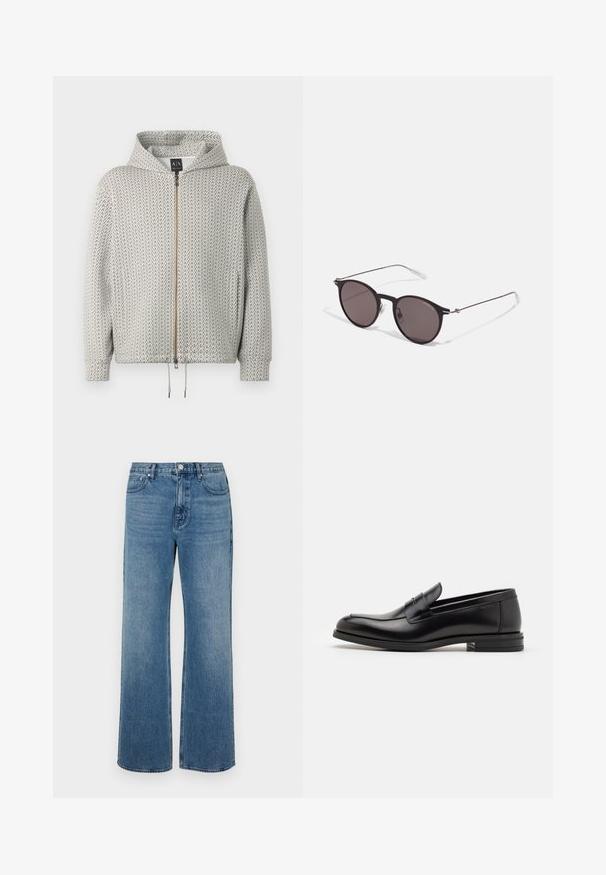 Mikina s kapucí na zip ve světle šedé barvě s geometrickým vzorem ve tmavší šedé. Má stahovací spodní lem a žebrované manžety.; Černé polo tričko s geometrickým zlatým vzorem, krátké rukávy a klasický límeček s jemnými pruhovanými akcenty.; Široké modré džíny vyrobené z denimu s vybledlým povrchem. Mají pět kapes, přední zapínání na knoflík a rovný střih.; Černé kožené polobotky s hladkou texturou, zaoblenou špičkou a zdobným páskem přes nárt. Nízký stohovaný podpatek, minimalistický design.; Černé kulaté sluneční brýle s tmavými skly a tenkými kovovými nohami. Obsahují průhledné koncovky nožiček a stříbrné akcenty na pantu. Minimalistický design.