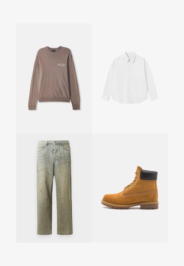 Brun stickad tröja med långa ärmar och rundad krage. Har en liten broderad logga på bröstet samt ribbade muddar och nederkant.; Vit skjorta med klassisk krage, långa ärmar och rundad nederkant; har en liten orange logotyp på nederkanten till vänster.; Slitna denimjeans i ljusgröna toner, med rak benprofil, femficksdesign och ojämn blekning med färgsplatter.; Tan mockasins ankelstövlar med svart vadderad krage, guldmetallöglor, vit sömdekor och slitstöt gummisula med utmärkta mönster.