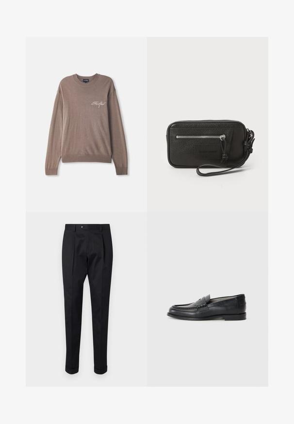Barna kötött pulóver hosszú ujjal és kerek nyakkal. Kicsi hímzett logó található a mellrészen, valamint bordás mandzsetták és szegély.; Fekete nadrág sima anyagból, elöl hajtással, gombos záródással és felgöngyölt szárakkal a bokánál.; Fekete bőr loaferek sima felülettel, kerek orral, díszítő pánttal és minimalista kialakítással. Alacsony blokksarkú.; Fekete bőr kézitáska texturált felülettel, elülső cipzáras zsebbel és levehető csuklópánttal. Elől logóval ellátott folt található. Téglalap alakú.