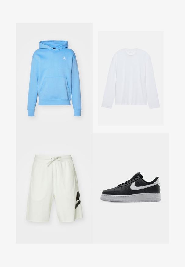 Hoodie bleu clair avec poche kangourou, poignets et taille côtelés. Présente un logo Jumpman blanc sur la poitrine. Matière douce en mélange de coton.; T-shirt blanc à manches longues en coton. Il présente un col rond classique et des coutures d'épaule tombantes, avec une texture lisse et unie.; Shorts en coton gris clair avec une taille élastique, un cordon de serrage ajustable et un logo Nike noir sur le côté gauche.; Baskets en cuir noir avec surface texturée, swoosh Nike blanc, semelle grise, bout rond et design à lacets. Comprend des perforations sur la boîte à orteils.
