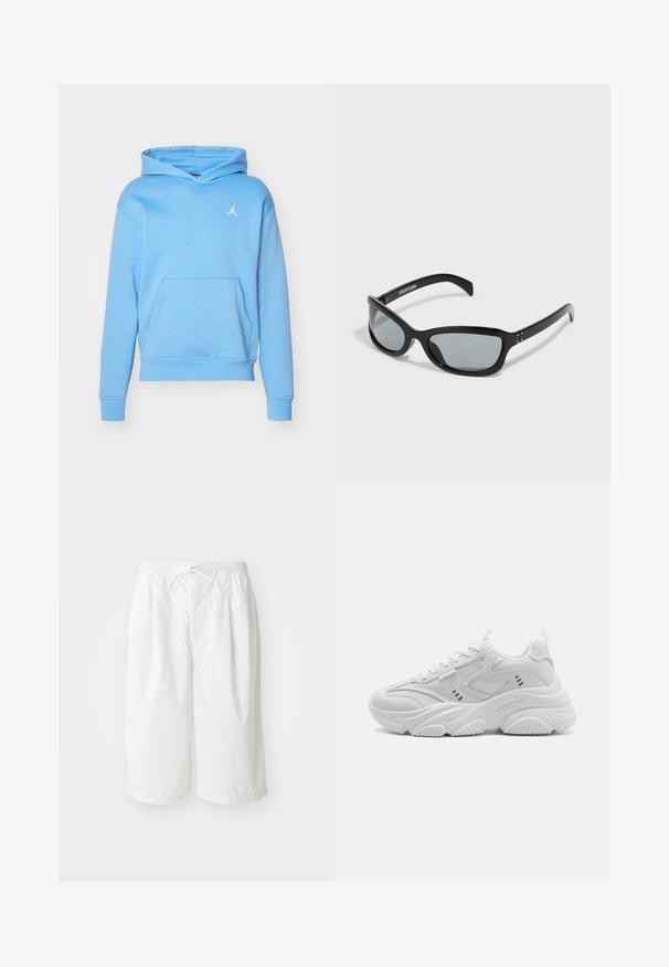 Svetlo modra kapuca z kengurujskim žepom, rebrastimi manšetami in pasom. Na prsih je bel Jumpman logotip. Iz mehkega bombažnega materiala.; Bele hlače s elastičnim pasom in vrvico, prikazane na enobarvni svetli podlagi. Primerne za sproščeno ali toplo vreme.; Bele teniske z belo podplatom z teksturiranim zgornjim delom, oblazinjenim jezikom in debelim podplatom. Oblikovne značilnosti vključujejo ukrivljene črte in majhne akcentne detajle ob straneh.; Črne sončna očala s svetlim, angularnim dizajnom. Imajo siva leča in sijoče plastične okvirje. Vključujejo majhne kovinske dodatke in blagovno znamko na ročaju.