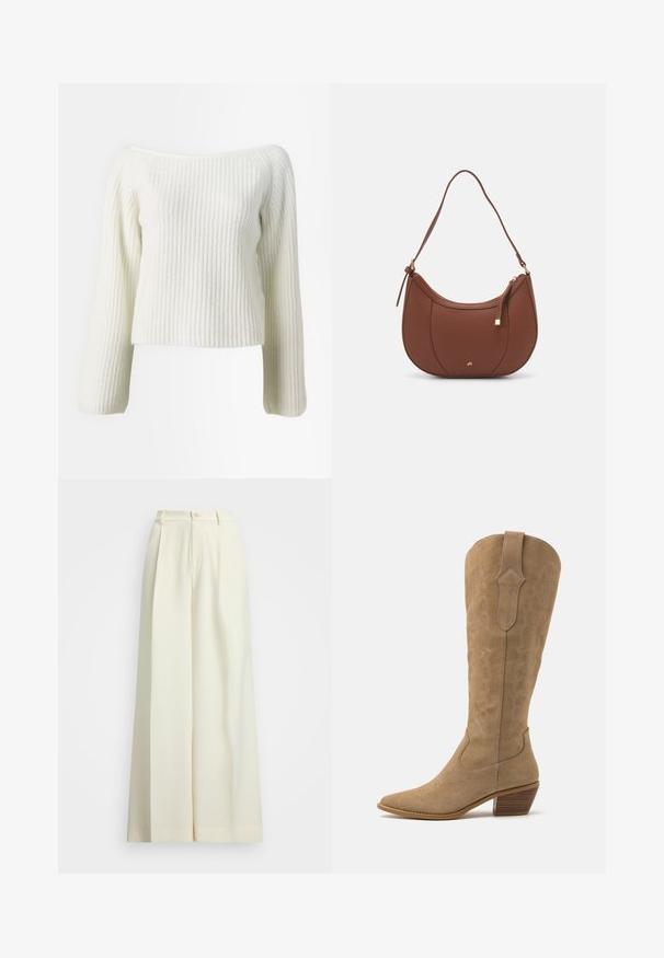 Hvit ribbestrikket genser med lange ermer og av- skulder hals, med teksturert stoff og cropped design.; Vidde-bukser i off-white stoff med høy midje, doble folder og knappelukking. Glatt tekstur og skreddersydd design.; Brune suedet cowboy-støvler med spiss tå, middels høyde skaft og dekorativ broderi langs sidene. Har en stablet tre-hæl.; Brun kunstlæder skuldertaske med buet form, minimal syning og detaljer i guld-tonet hardware. Har en top lynlås lukning og justerbar rem.