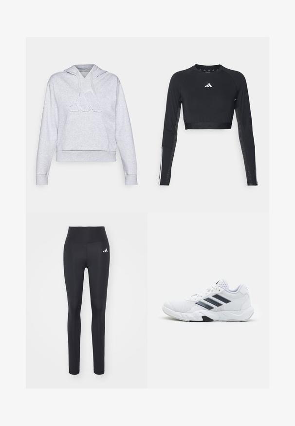 Sweatshirt cinza com capuz, feito de uma mistura suave de algodão, apresentando um grande logótipo texturizado na frente e um bolso frontal espaçoso.; Top de treino cropped de manga longa preto feito de tecido suave. Apresenta um logo branco no peito e detalhes em riscas nas mangas.; Leggings atléticos pretos feitos de tecido elástico, com uma cintura alta e um logo branco da marca no quadril esquerdo.; Tênis atlético branco com parte superior em malha, três listras pretas de cada lado, detalhes texturizados e uma sola de borracha resistente com uma seção preta contrastante.