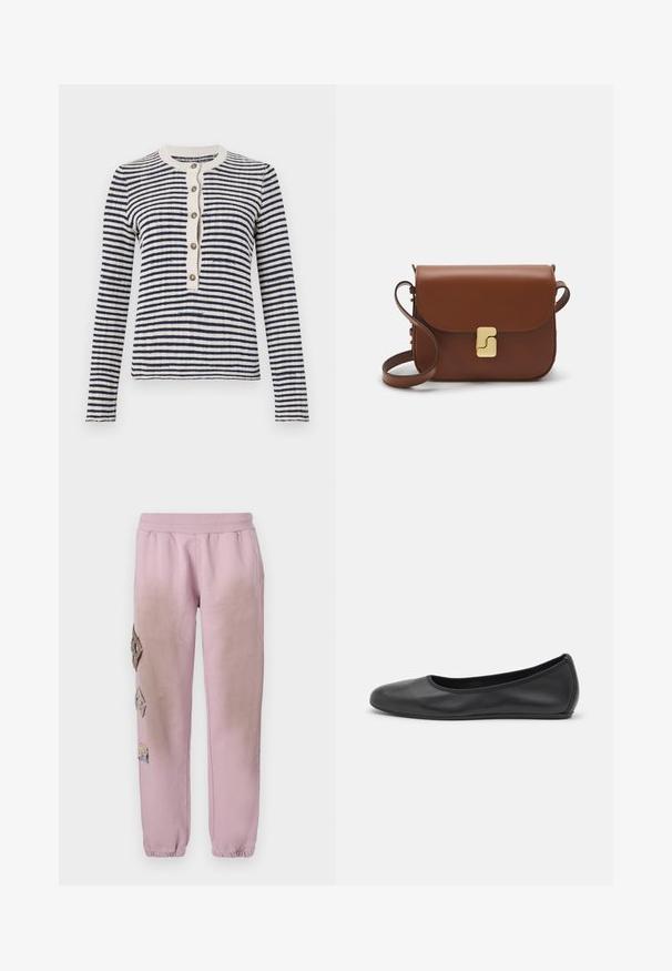 Csíkos kardigán sötétkék és krém színben, bordás kerek nyakkal, elől gombos záródással öt gombbal, hosszú ujjakkal, kötött textúrával.; Fehér, rövid ujjú póló ribbed anyagból. Kerek nyakkivágás, normál szabás és diszkrét varrási részletek. Nincsenek minták vagy grafikák.; Rózsaszín melegítőnadrág elasztikus derékkal, bal oldalon gyémánt alakú dekoratív foltokkal és elasztikus szárakkal az bokákon.; Fekete bőr balettcipő lekerekített orral, sima tekstúrával, minimális varrással és rugalmas talp kialakítással.; Barna bőr kézitáska, hajtókás zárással, arany színű fém kiegészítőkkel, vállpánttal és sima felülettel. Kompakt téglalap alakú.