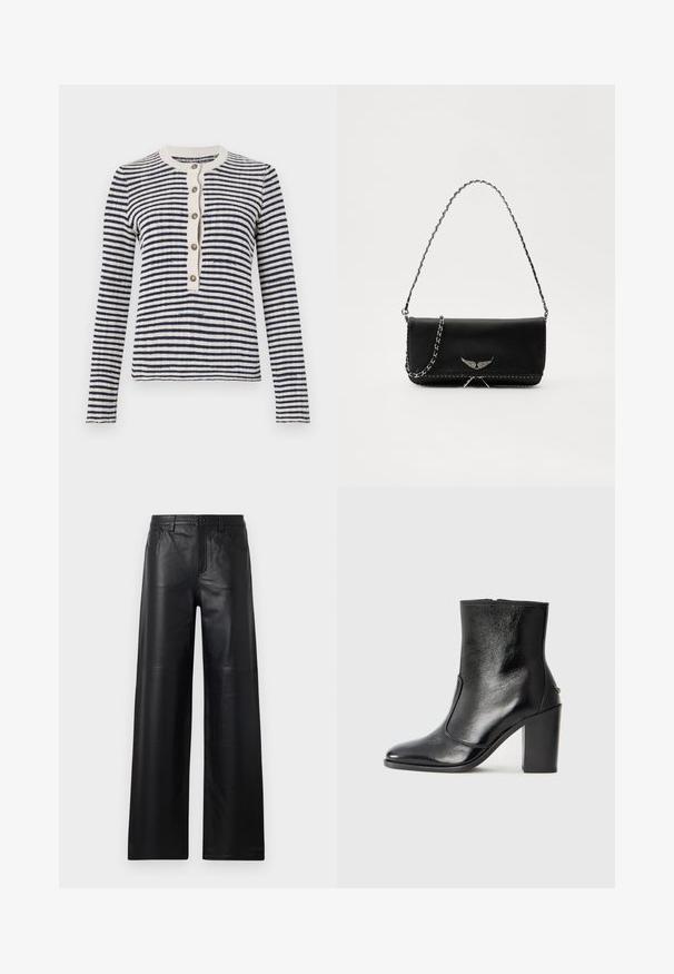 Prugasta jopica v temno modri in kremni barvi, rebrast okrogli izrez, sprednje zapiranje z gumbi (pet gumbov), dolgi rokavi, pletena tekstura.; Široke črne usnjene hlače gladke teksture, s sprednjimi žepi, gumbom za zapiranje in subtilnimi detajli šivanja.; Črne usnjene gležnarske čevlje z gladko teksturo, koničastim nosom in debelim visokim petam. Imajo stransko odprtino in minimalističen dizajn.; Črna usnjena torbica s srebrnim verižnim ročajem, ki ima okrasne krilate poudarke in belo šivanje ob spodnjem šivu.