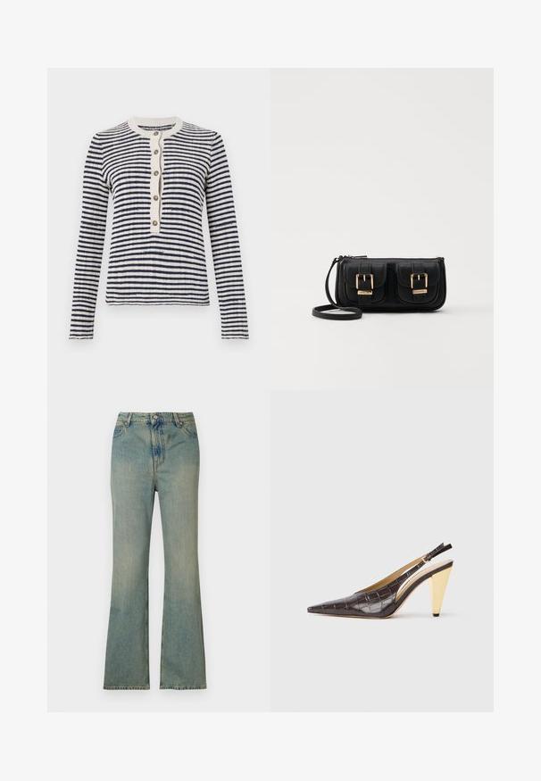 Csíkos kardigán sötétkék és krém színben, bordás kerek nyakkal, elől gombos záródással öt gombbal, hosszú ujjakkal, kötött textúrával.; Világoskék farmer széles szárú nadrág magas derékkal, öt zsebbel és cipzáras záródással. Tiszta, fakó megjelenés, finom varrási részletekkel.; Hegyes orrú slingback sarok sötétbarna, fényes mű krokodilbőrben. Aranyszínű geometrikus sarka és állítható bokapánt jellemzi.; Fekete bőr keresztbody táska két elülső zsebbel, arany csattokkal, cipzáras záródással és vékony pánttal. Textúrált felület és kompakt téglalap alak.