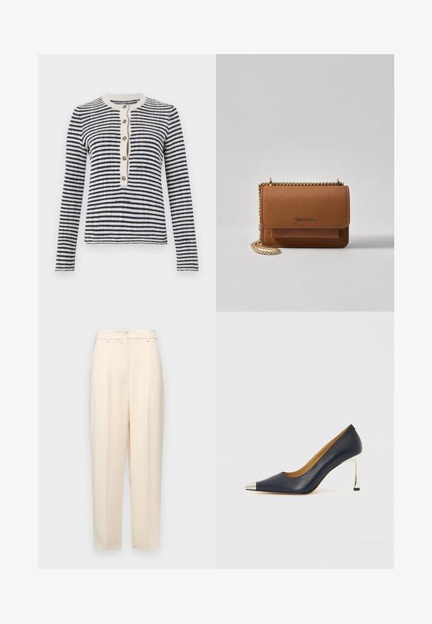 Gestreepte vest in marineblauw en roomkleur, geribbelde ronde hals, sluiting met vijf knopen aan de voorkant, lange mouwen, gebreide textuur.; Beige op maat gemaakte broek met een rechte pasvorm, voorzien van plooien aan de voorkant, een gladde textuur en een middelhoge taille. Geen zichtbare zakken.; Navy lederen pump met een spits toelopende neus, voorzien van een zilverkleurige metalen neuskap en een glanzende zilveren naaldhak.; Bruine lederen schoudertas met textuur, voorzien van een gouden kettingstrap en klepsluiting. De voorkant heeft een logo-detail en een zak onder de klep.