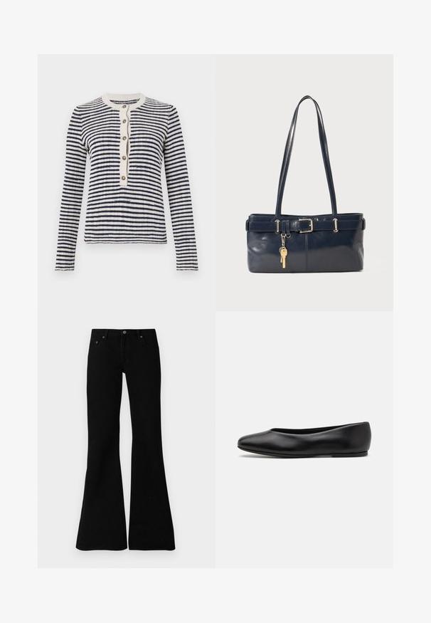 Raidallinen neuletakki tummansinisessä ja kermanvärisessä, ribattu pyöreä pääntie, etupainike, jossa on viisi nappia, pitkät hihat, neulottu pinta.; Musta leveälahkeinen farkut, jotka on valmistettu denimistä, ominaisuuksina klassinen viidentaskujen muotoilu, nappisulku ja hienovaraiset ompeluyksityiskohdat saumoissa.; Paul Smith TOPANGA - Ballerinat - black; La handbagin sininen nahka, jossa on kaksi pitkää kahvaa, Buckle-yksityiskohta ja avaimenperä kiinnitettynä. Sen pinta on sileä ja muoto on suorakulmainen.