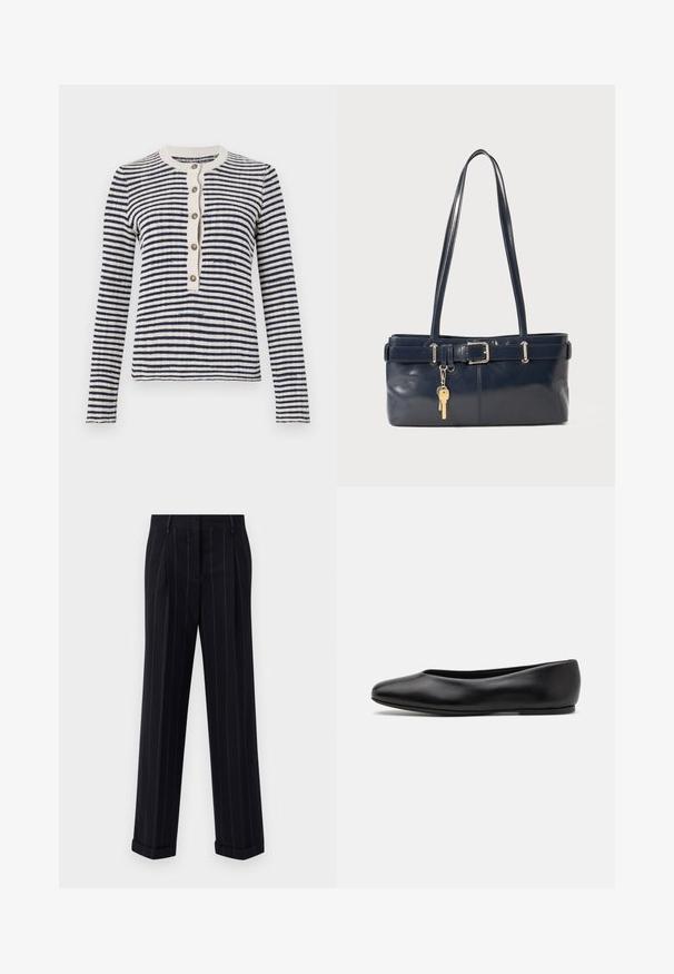 Striped cardigan in navy and cream, ribbed crew neck, front button closure with five buttons, long sleeves, knitted texture.; Black pinstriped trousers with a tailored fit, featuring a cuffed hem and front pleats. Made of smooth fabric with a structured design.; Paul Smith TOPANGA - Ballet pumps - black; Navy leather handbag with two long handles, a buckle detail, and a keychain attached. Features a smooth texture and a rectangular shape.