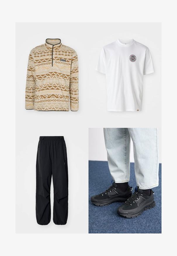 Columbia RUGGED RIDGE - Fliisdžemper - dark stone; Valge puuvillane T-särk ümmarguse logoga rinnakul. Ümar kaelus, lühikesed varrukad, mugav lõige, millel on punased ja mustad detailid.; Mustad mustad cargo püksid elastse vöökoha, külgzippide ja avarate taskutega. Omab laia lõiget ja kitsenevaid sääreotsasid.; Mustad mustad jooksukingad, millel on tekstureeritud kangas ja kummist tallad, elastsed nöörid ning sinine aksent kandadel. Kandmine heledate teksadega.