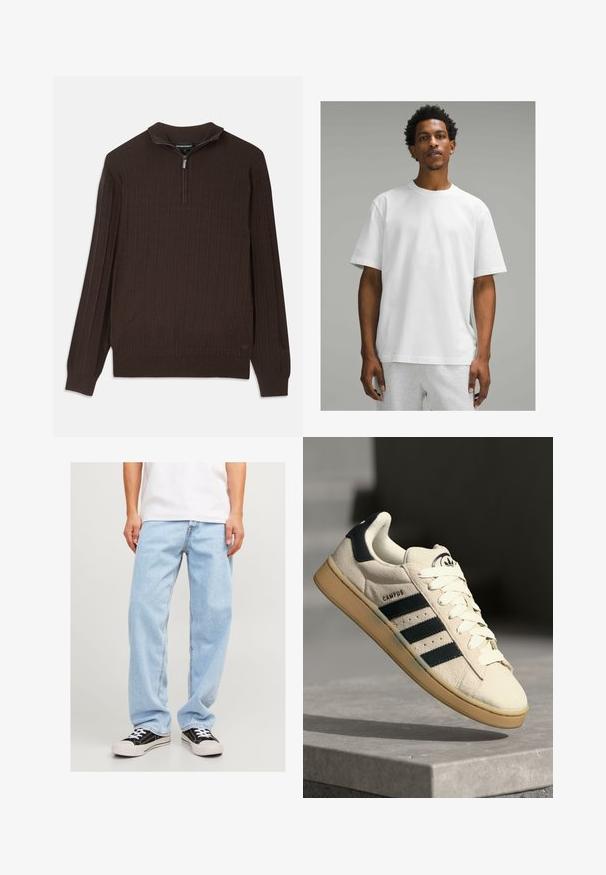 Pruunist kudumist sviit, millel on veerand-skujuga krae. Omab tekstuuriga mustrit, kus on üles kirjatud ruudud. Pikad varrukad ja sirge äärega.; Valge puuvillane T-särk lühikeste varrukatega, ümar kaelus, mugav lõige. Sile tekstuur, lihtne disain, ilma nähtavate mustrite või aktsentideta.; Heledad sinise denim'iga teksased, millel on vabalt istuv lõige, sirge sääre disain ja tavaline õmblus, koos mustade tossudega.; Beež nahast tossud kolme tumesinise triibuga, valged nöörid ja pruun kummitald. Omab logo keelel ja teksti "CAMPUS".