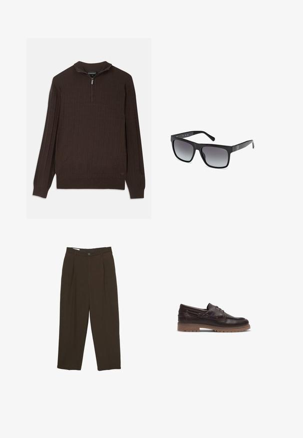 Brązowy sweter dzianinowy z kołnierzem na suwak do jednej czwartej. Posiada teksturowany wzór z wypukłymi kwadratami. Długie rękawy i prosty dół.; Ciemnobrązowe dopasowane spodnie z przodu z zakładkami, szlufkami na pasek i zapięciem na guzik w talii.; Les Deux TAYLOR ciemnobrązowy; Guess - Okulary przeciwsłoneczne