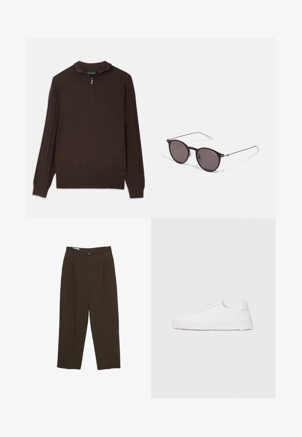 Barna kötött pulóver negyedcipzáras gallérral. Kiemelkedő négyzetes mintázattal rendelkezik. Hosszú ujjú, egyenes aljú.; Sötétbarna, szabott nadrág elülső redőkkel, övhurkokkal és gombos záródással a deréknál.; Fehér sneaker sima bőr felsőrésszel, lekerekített orral, fűzőkkel, texturált oldalsó díszítésekkel és vastag gumitalppal. Minimalista dizájn.; Fekete kerek napszemüveg sötét lencsékkel és karcsú fém szárakkal. Átlátszó szárvégeket és ezüst részleteket tartalmaz az ívnél. Minimalista dizájn.