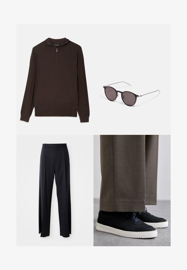 Brown knit sweater with a quarter-zip collar. Features a textured pattern with raised squares. Long sleeves and a straight hem.; Black, high-waisted trousers with a wide-leg cut, made of smooth fabric. Features front pleats and belt loops. Minimalistic design, no visible hardware.; Black suede sneakers with white rubber soles, featuring a rounded toe and laces, worn with gray tailored pants.; Black round sunglasses with dark lenses and slim metal arms. Includes clear temple tips and silver accents at the hinge. Minimalist design.