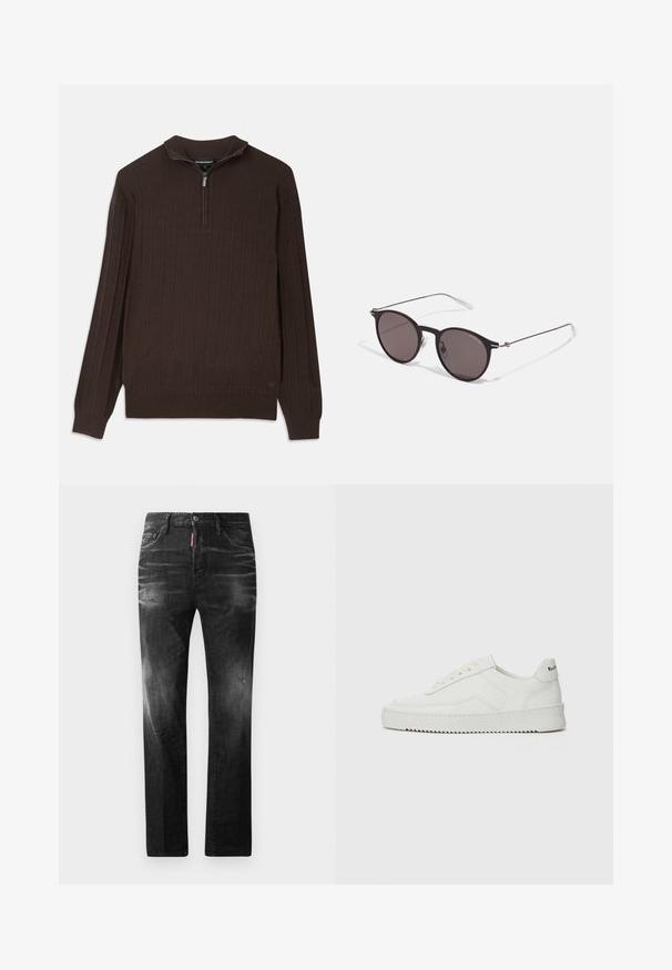 Bruine gebreide trui met een kwart rits kraag. Heeft een textuurpatroon met verhoogde vierkanten. Lange mouwen en een rechte zoom.; Zwarte denim jeans met een rechte pasvorm. Beschikt over vervaagde gebieden, lichte slijtage, klassiek vijf-pocket ontwerp en een knoopsluiting.; Witte leren sneaker met een gladde afwerking, ronde neus, platte veters en een gestructureerde zool. Kenmerkt zich door een subtiel logo op de hiel.; Zwarte ronde zonnebril met donkere lenzen en slanke metalen armen. Inclusief heldere tempelpunten en zilveren accenten bij de scharnier. Minimalistisch ontwerp.