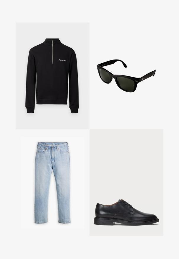 Černá mikina se čtvrtovým zipem a vysokým límečkem, se zdobeným bílým textem "Originals Canada" na levé části hrudi.; Světle modré džíny z denimu s rovnými nohavicemi, pětikapsovým stylem a kontrastním prošitím. Zapínání na knoflík a zip v pase.; Černé kožené společenské boty s kulatou špičkou, šněrováním a nízkým podpatkem. Hladký povrch s minimálním šitím.; Černé plastové sluneční brýle s tmavě zelenými čočkami. Rám čtvercového tvaru s stříbrnými akcenty a vyraženým logem na spánkové straně.