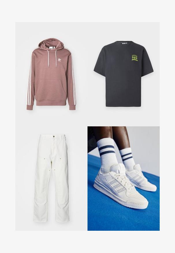 Kapuca siva majica u prigušenoj ružičastoj boji s bijelim prugama na rukavima. Ima prednji džep i vezice. Adidas logo prikazan na grudima.; Črno-siva Adidas majica s kratkimi rokavi in majhnim neon zelenim grafičnim motivom z zvočniki, soncem in Adidasovim logotipom na levi strani prsnega koša.; Bela bombažna cargo hlače z udobnim krojem. Značilnosti vključujejo sprednje žepe, zlato poudarjeno kovinsko opremo in ojačane kolenske dele.; Beli usnjeni copati z perforiranimi detajli, tremi kovinskimi črtami in teksturiranim stranskim delom. Obuti z belimi nogavicami z modrimi črtami.