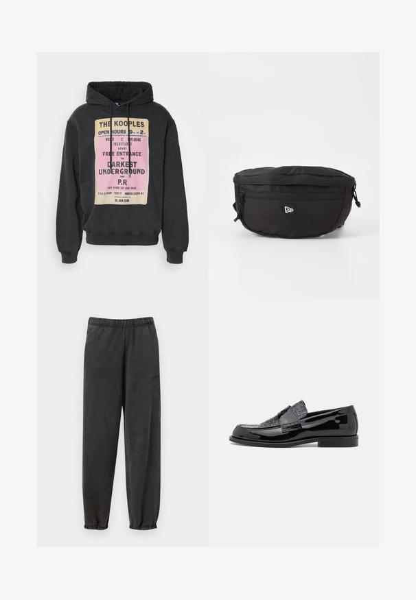Schwarzer Hoodie mit einem Grafikdruck in Gelb und Pink. Verstellbare Kapuze mit Kordelzügen sowie gerippte Bündchen und Saum. Weicher Stoff.; Han Kjøbenhavn REGULAR PANTS UNISEX - Jogginghose - grey; Schwarze Lackleder-slipper mit strukturiertem Obermaterial, einer runden Zehenform und einer flachen Sohle mit dezenten Steppnähten.; Schwarze Bauchtasche aus Nylon; verfügt über eine vordere Reißverschlusstasche, einen verstellbaren Riemen und ein Logopatch. Rundliche Form mit glatter Textur.