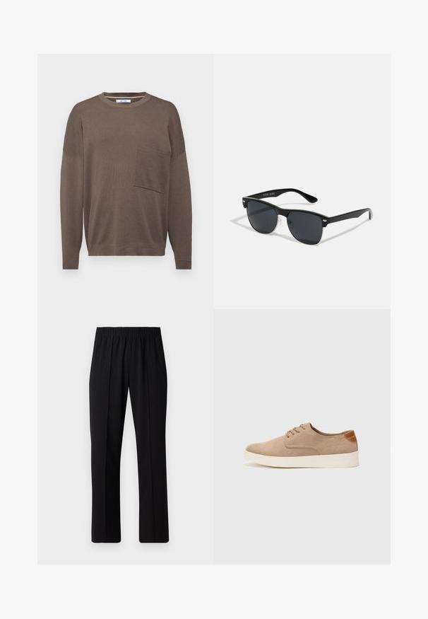 Brauner Langarmpullover mit Rundhalsausschnitt, der über eine Fronttasche und ein strukturiertes Strickdesign verfügt. Die Passform ist entspannt und die Ärmel sind leicht überschnitten.; Schwarze, Gummibund-Hosen mit geradem Schnitt, die eine glatte Textur aufweisen und keine sichtbaren Muster oder Beschläge haben.; Beige Wildleder-Sneaker mit runder Zehenpartie, Schnürung und strukturiertem Rückenteil. Die weiße Gummisohle sorgt für einen Kontrast. Einfaches und modernes Design.; Schwarze Sonnenbrille mit rechteckiger Form, dunklen Gläsern, silbernen Akzenten an den Bügeln und mattierter Oberfläche des Rahmens.