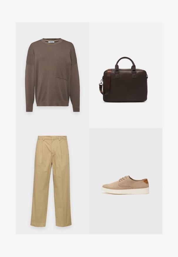 Smeđa dukserica dugih rukava s okruglim izrezom, koja ima prednju džepicu i teksturirani pleteni uzorak. Kroj je opušten i rukavi su blago sniženi.; Bežani pamučni hlače s ravnim krojem, s prednjim nabranim detaljima i bočnim džepovima. Tkanina ima glatku, meku teksturu.; Bež nubuk tenisice s okruglim vrhom, vezanjem sprijeda i teksturiranim stražnjim naglaskom. Bijela gumena potpetica pruža kontrast. Jednostavan i moderan dizajn.; Smeđa kožna torba za prijenosno računalo s teksturiranom površinom, dvostrukim gornjim ručkama, podesivim remenom i dva prednja kopčanja za dodatne detalje.